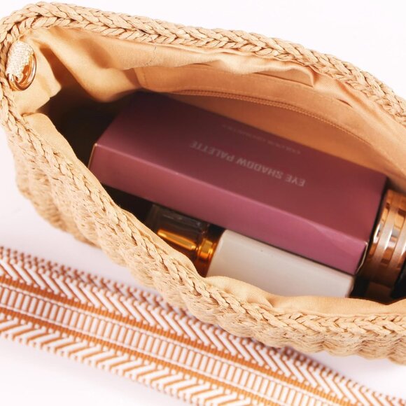 Women’s Straw Crossbody Bag Small Handwoven Summer Beach Handbag with Chain - Picture 7 of 9